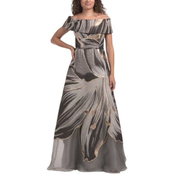 TERI JON Off The Shoulder Abstract Print Gown
